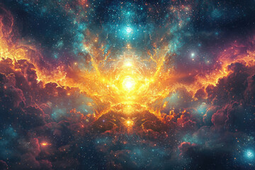 Naklejka premium A vibrant cosmic nebula with fiery clouds and a bright central core, showcasing the beauty of space.