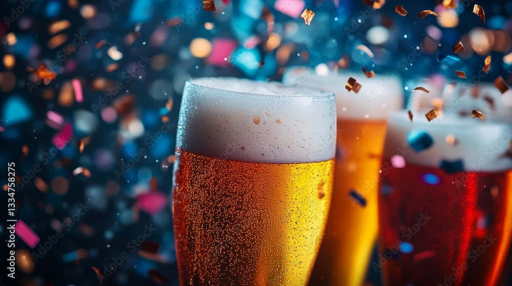 Poster festive celebration featuring refreshing glasses of beer with frothy foam and falling confetti on a 