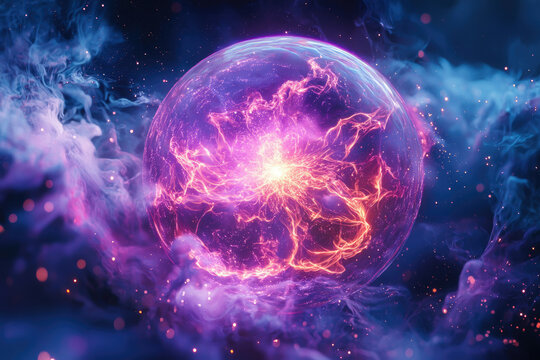 A vibrant energy sphere pulsates with fiery, cosmic energy within a nebula of purple and blue.