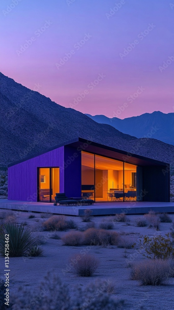 Poster a striking modern house glows warmly from its large windows as twilight descends over the desert mou