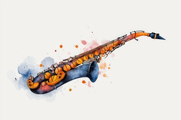 Vibrant watercolor illustration of a saxophone with playful colors and splashes, perfect for music and art themes.