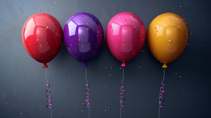 Festive celebration with vibrant balloons and confetti against a textured navy background, perfect for birthdays and special occasions