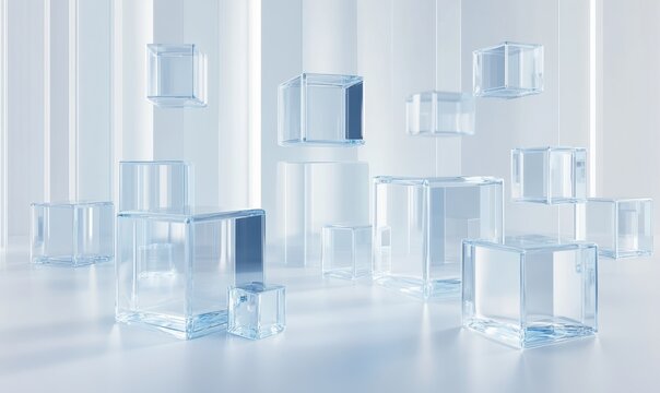 Glass cubes in abstract white space, ideal for modern background