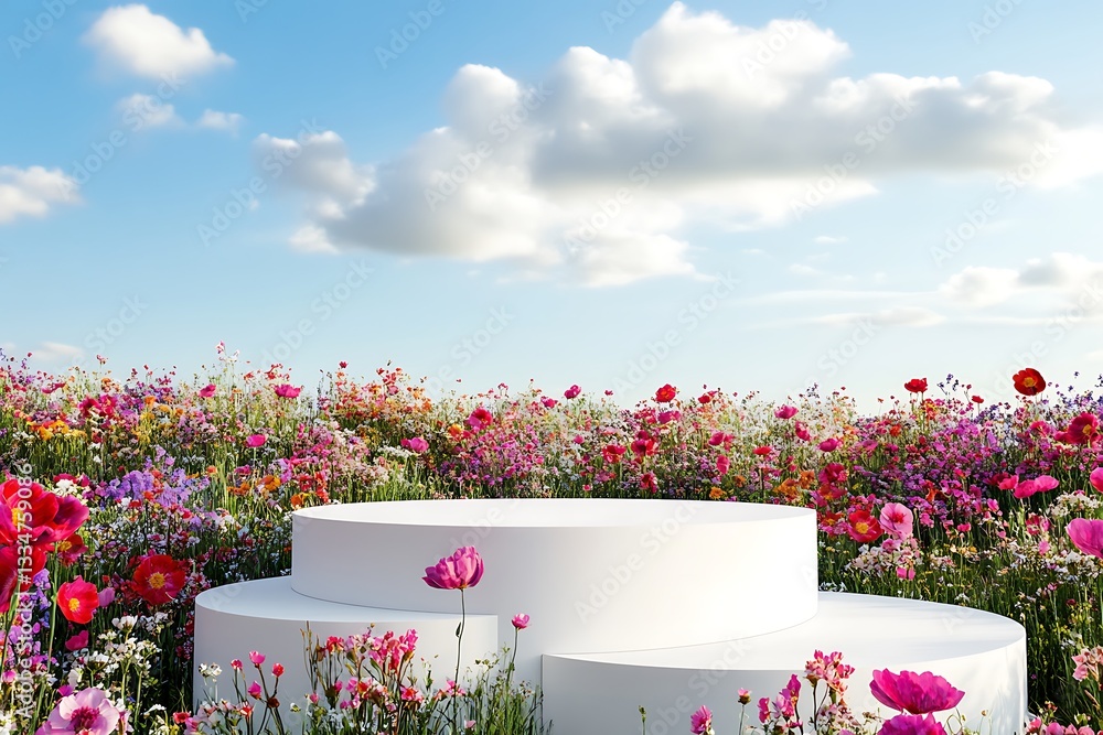 Poster 3d render platform and natural podium background on colorful flowes field for product display, blank