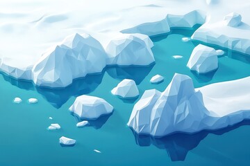 Fototapeta premium Geometric Icebergs in Blue Water with White Snowy Background