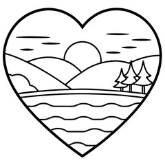 Elegant Line Art Sunset and Heart Lake