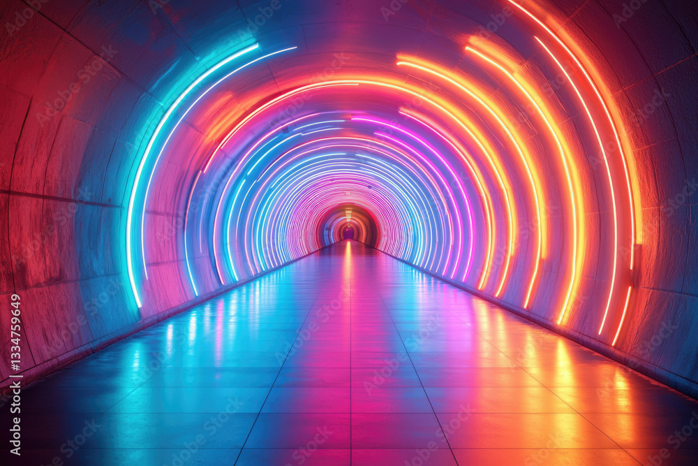 Poster Neon-lit tunnel with vibrant circular lights creating a mesmerizing and futuristic atmosphere.