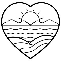 Elegant Line Art Sunset and Heart Lake