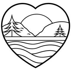 Elegant Line Art Sunset and Heart Lake