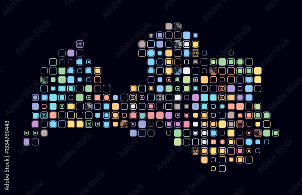Poster latvia, shape of the country built of colored cells. digital style map of latvia on a dark backgroun