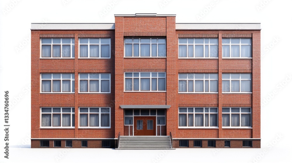 Poster symmetrical windows adorn a red brick building, reflecting a timeless architectural style. the invit