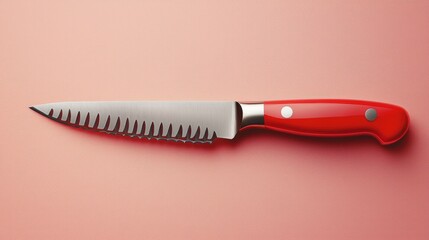 Specialized tomato knife with bright red handle on pastel peach background
