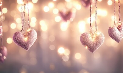 Glittering heart lights on string with bokeh background for romantic designs