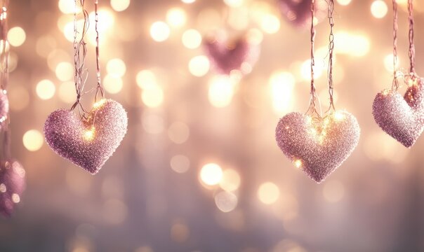 Glittering heart lights on string with bokeh background for romantic designs