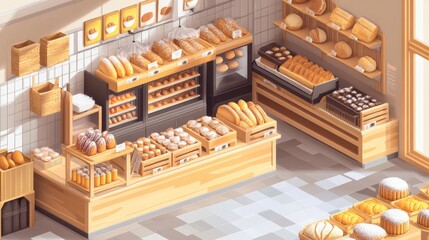 Cozy Bakery Interior with Fresh Breads and Pastries Displayed