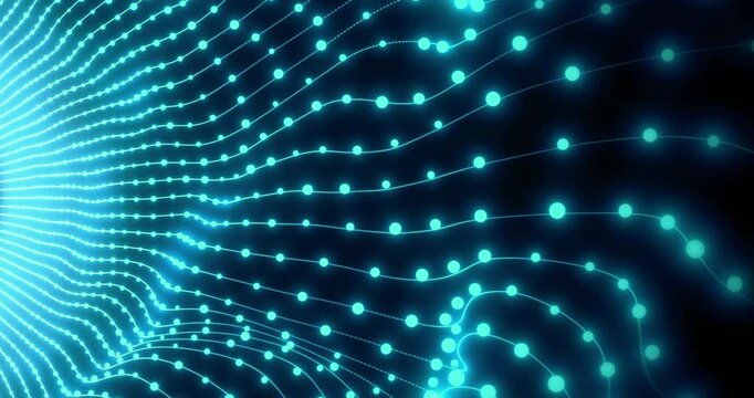 Abstract hi-tech energy particles sea waves energy lines data stream. AI Science and technology futuristic abstract lines and particles background. Data streaming through particles abstract animation.