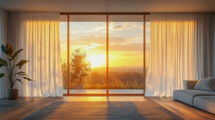 Fototapeta premium Sunset view through large panoramic window with soft white curtains in modern living space
