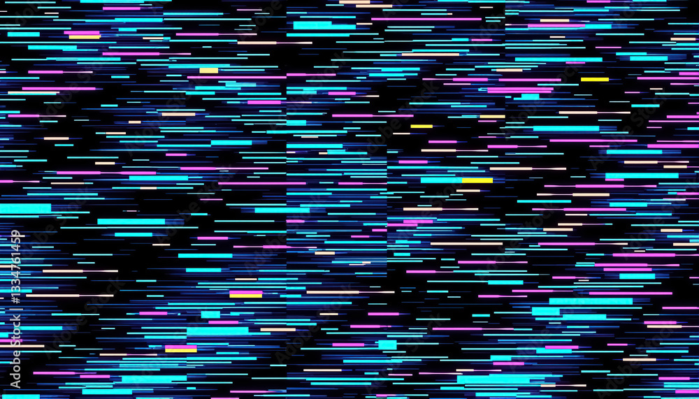 Poster Digital static with horizontally aligned colorful lines on black backdrop visual noise