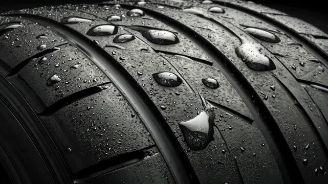 Close-up view of a wet tire with water droplets highlighting its tread patterns and performance features