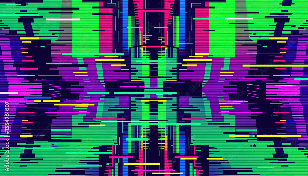 Poster abstract glitch cityscape with vibrant neon colors and horizontal lines suggesting motion and futuri
