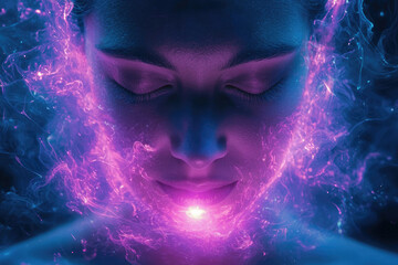 A woman's face glows with vibrant, ethereal energy, a mystical and captivating scene.