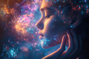 Obraz premium A woman's face is enveloped in vibrant, cosmic nebulae, a surreal and ethereal portrait.