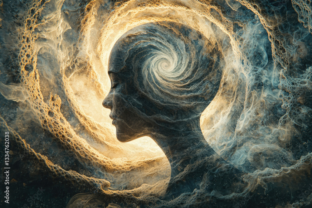Poster abstract art depicting a serene face engulfed by a swirling cosmic vortex, symbolizing inner peace a