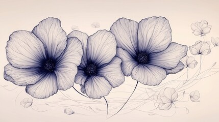 Delicate Floral Line Art Design Featuring Three Blossoms with Subtle Background Elements
