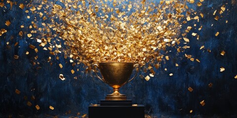 Golden trophy showered in shimmering foil against a deep blue backdrop. A moment of victory, captured in dynamic motion