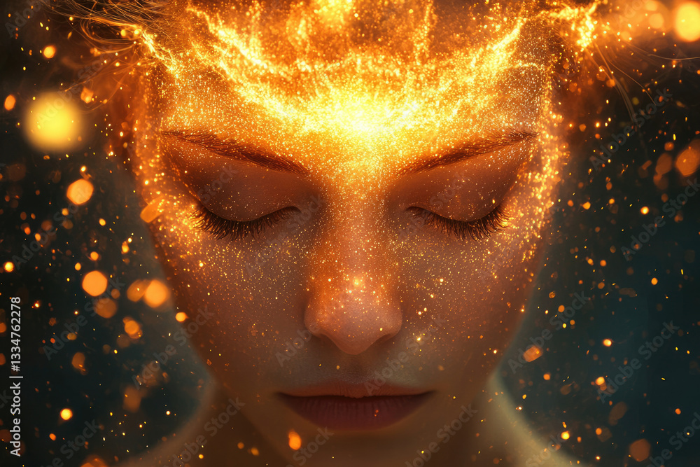 Poster a woman's face is illuminated by golden, sparkling energy, creating a mystical and ethereal effect.