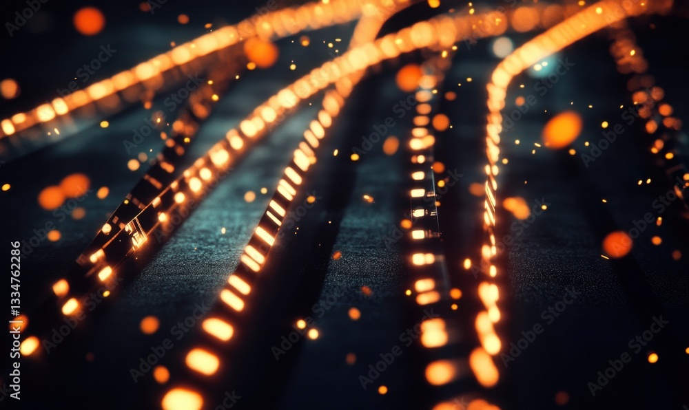 Poster glowing lines with particles on dark background, ideal for tech or abstract projects