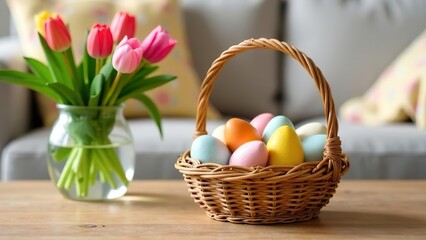 basket of Easter eggs stands on a table in a bright room