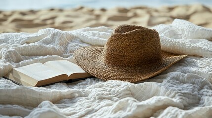 Relaxing beach setup with straw hat and open book on soft linen blanket