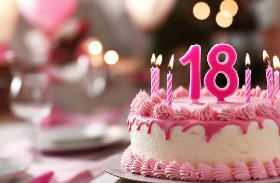 A pink birthday cake with "18" candles, surrounded by festive decorations, ideal for celebrating a milestone birthday.