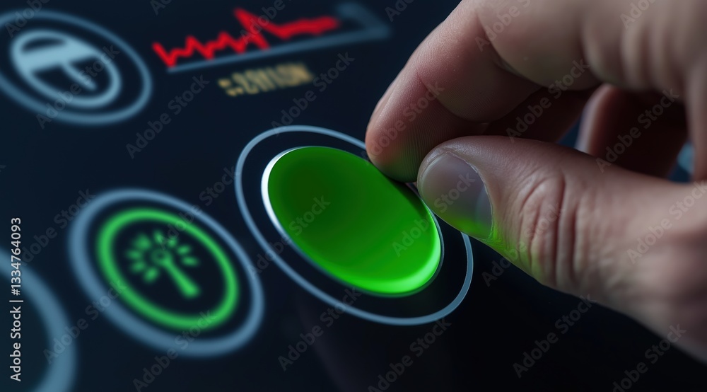 Poster a hand interacts with a glowing green button on a digital interface, featuring various icons and a h