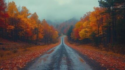 Obraz premium A dreamy autumn scene with a country road lined with colorful trees, leading into a peaceful forest