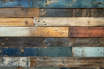 A close up view of reclaimed wood planks of many colors