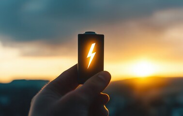 Fototapeta premium A hand holds a battery with a lightning bolt symbol against a sunset backdrop, symbolizing energy and power.