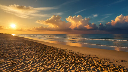 Golden beach sky and sea