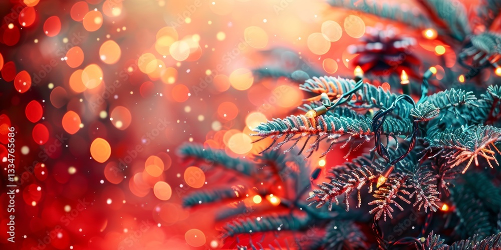 Aufkleber festive evergreen branches adorned with sparkling lights and bokeh creating an atmosphere of warmth 