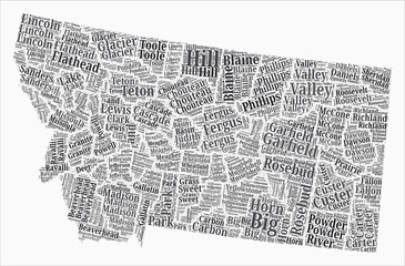 Montana Text Style Counties. State region names word clouds in English language. Artistic vector illustration.