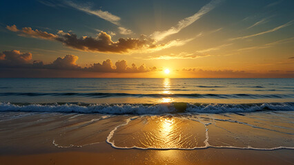 Golden beach sky and sea
