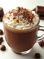 Delicious hot chocolate with whipped cream and chocolate shavings in a glass mug