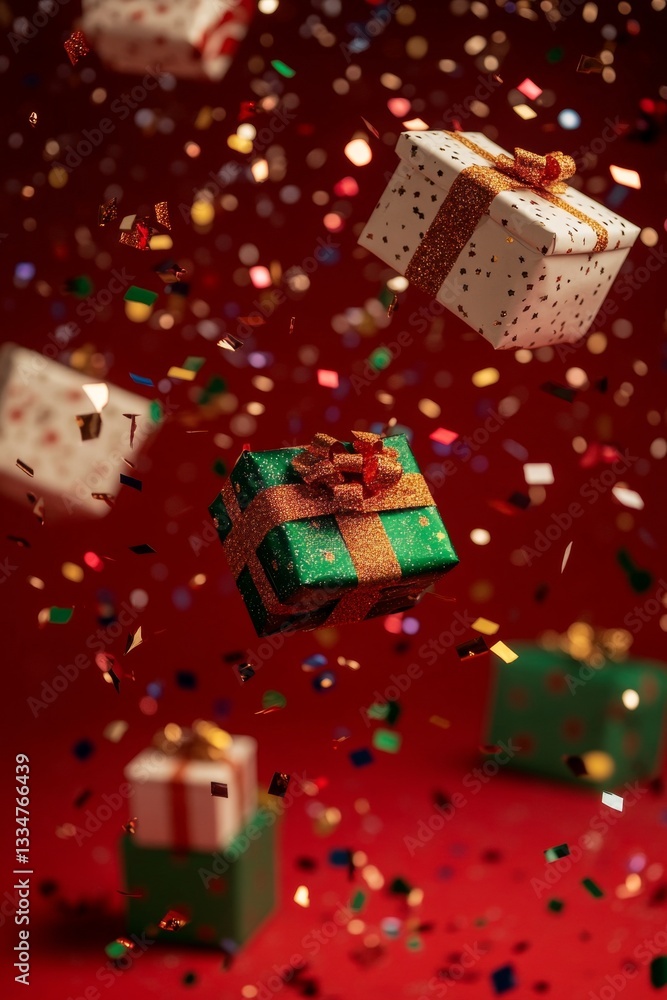 Poster festive floating gift boxes with shimmering ribbons and confetti against a vibrant red backdrop, cre