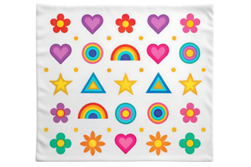 Groovy 70s retro pattern with hearts, flowers, rainbows, and geometric shapes.