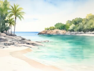 Fototapeta premium Serene and Peaceful Watercolor Scene of a Secluded Beach with Clear Turquoise Water