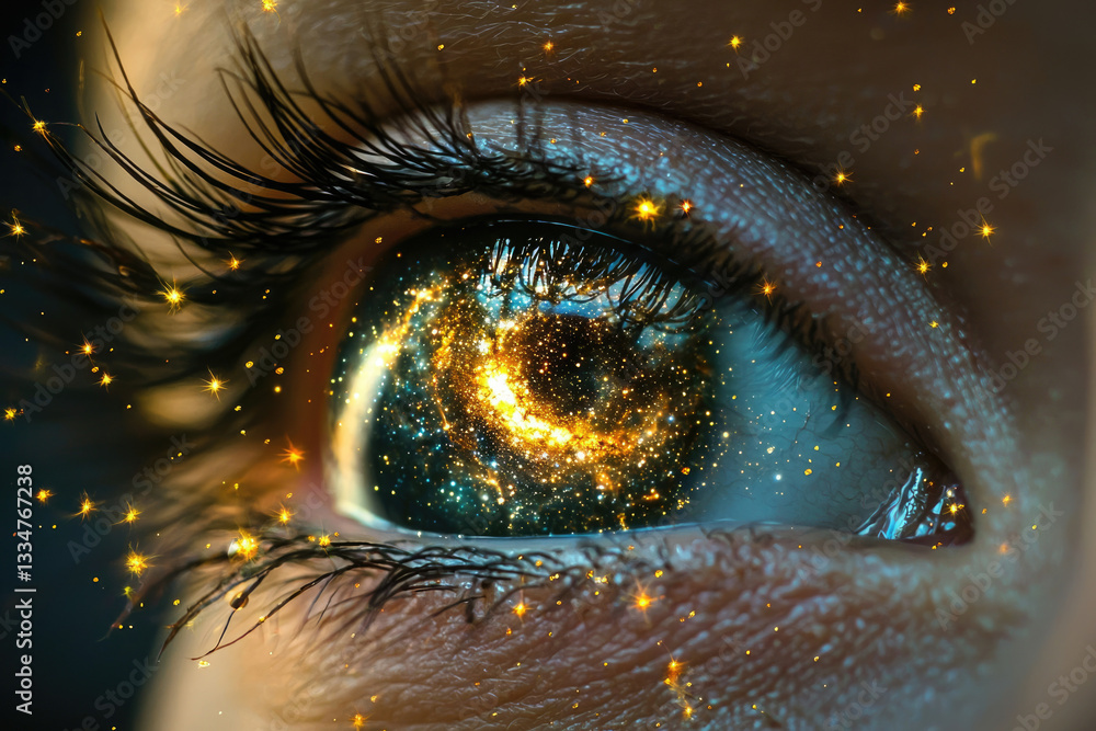 Poster a mesmerizing close-up of an eye reflecting a vibrant, sparkling galaxy.