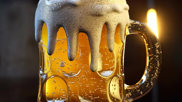 Close Up of Beer Mug with Dripping Foam on Dark Background