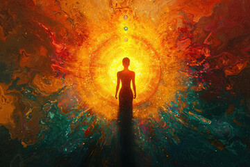 A silhouette of a woman stands before a radiant, cosmic sun, symbolizing enlightenment and spiritual awakening.