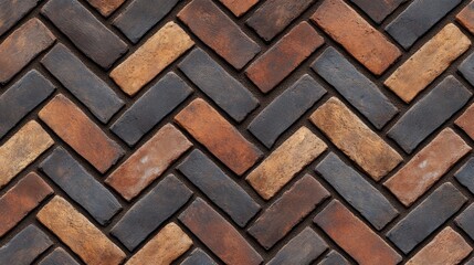 Seamless herringbone Dutch brick pattern with alternating rows of dark and light brown bricks. Uniform size, repeating texture